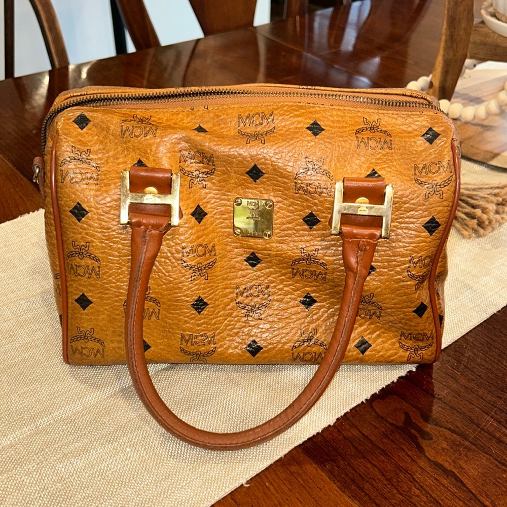 MCM Tan Crossbody Bag with Logo Pattern